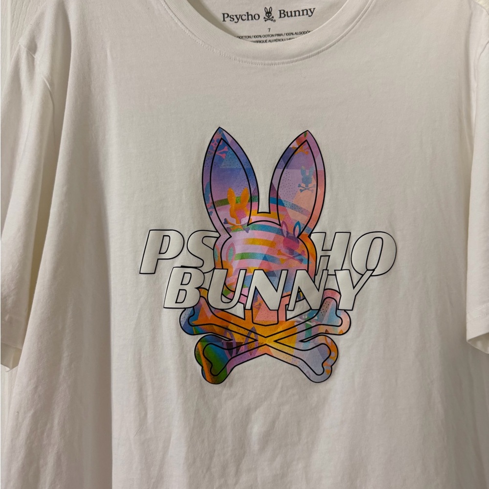 Psycho Bunny White Tee with Multicolor Logo